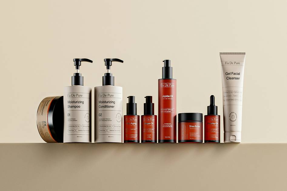 A close-up of shiny, healthy hair with a bottle of hair serum on a neutral background